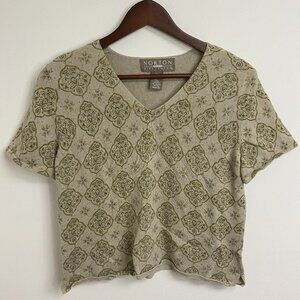 Norton McNaughton Woven tan and green patterned short sleeve top petite large
